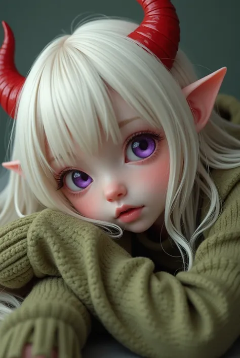 albino girl,  with small and red horns ,  pointy ears ,  olive green sweater ,  purple eyes ,  that has its hair split in half , In the hairstyle of a little book ,  the hair that is long and cream-colored . That she is lying in a sexy pose and that she se...