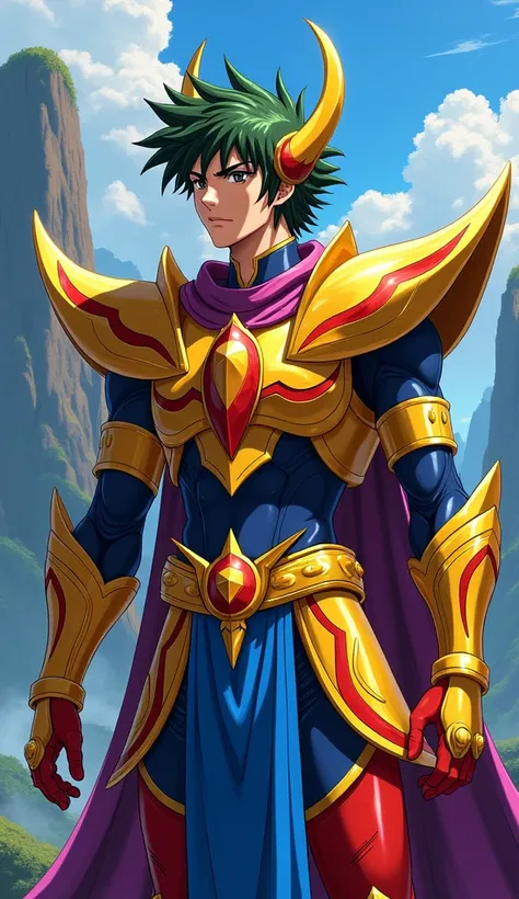 Imagine a character from the Saint Seiya cartoon, with armor and clothes with colors and elements inspired by Venezuela. Anime style from the Saint Seiya series.