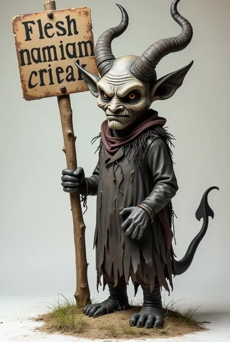  a demonic figure standing, facing forward. the demon is holding a sign with a menacing expression. The figures is looking directly forward, with the setting neutral to emphasize the character, and sign