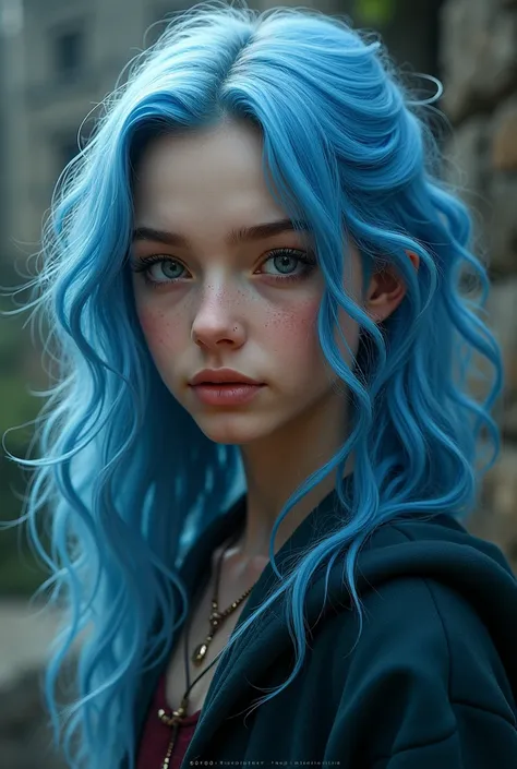 draw me a realistic gryffindor girl with baby blue hair and black eyes