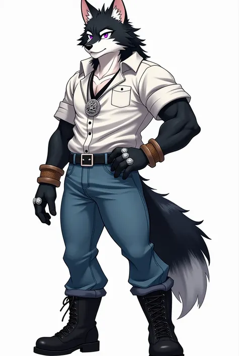 Furry wolf ,  Anime style ,  furry wolf with black and white fur ,  clothes :  white shirt inflate , blue jeans, black military boots,  black belt with silver buckle ,  wolf herd style silver medallion,  purple eyes ,  slightly muscular , 25 years old, the...