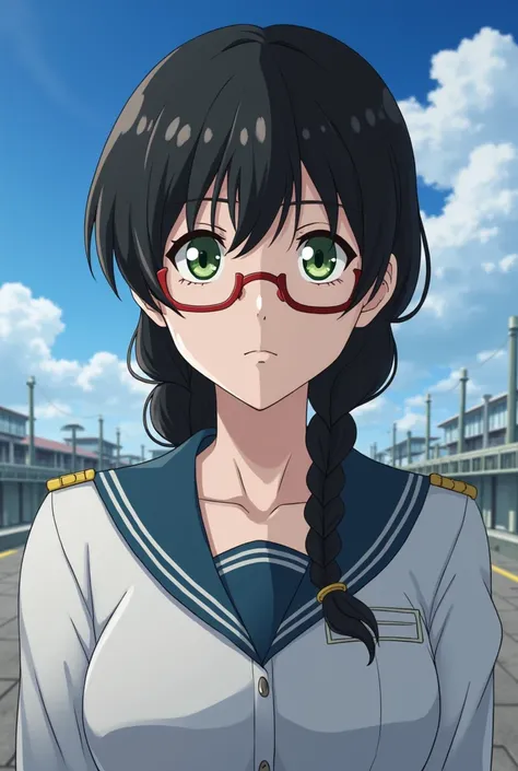 movie poster,(( Braid hairstyle  : 1.5)),Anime Link 86 , Sci-Fi, Sci-Fi,Movies,War Action Movies,space,Atmosphere,sky,Battleship,several characters ,women,Adults, green eyes , black hair,(Pia Bangs hairstyle ) : 1.8 ),(Red glasses), general uniform , white...