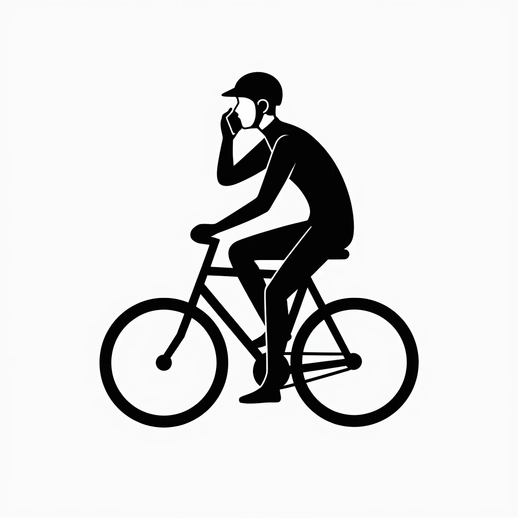 Design a minimalist black vector icon depicting a cyclist riding a bicycle while holding a smartphone to their ear, suggesting they are making a call. The cyclist is shown in a stylized, streamlined pose, wearing a simple helmet for safety. The design feat...