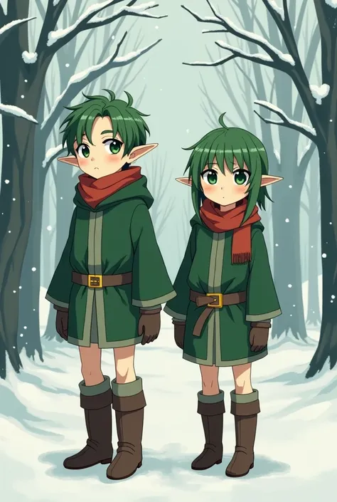 *four elf brothers. two elf brothers, green hair with bangs, fair skin, green clothes, long brown boots, green eyes, 21 year old boys, skinny. two winter boys, silver hair short hair, a snowflake in the hair, winter clothes, anime, 9k, adults, embarrassed ...