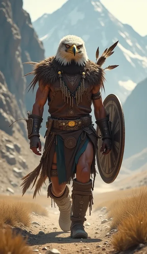 A warrior with the head of a bald eagle ,  wearing a leather vest and decorative feathers ,  marching proudly on an open plain with mountains in the background,  wearing a shield with the emblem of a star .