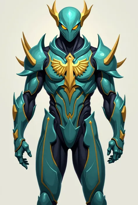 The image shows a character design with a stylized suit of armor, mainly in turquoise tones,  gold and silver . The character has a firm and elegant posture,  without a visible face , making it more enigmatic and allowing the attention to be focused on the...