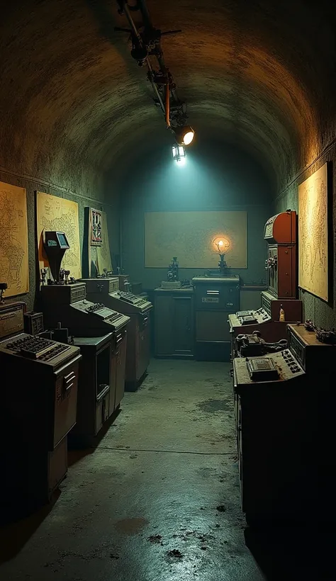 An underground bunker beneath the Eiffel Tower, dimly lit with old communication equipment, maps on the walls, and a mysterious atmosphere of secrecy and strategy.