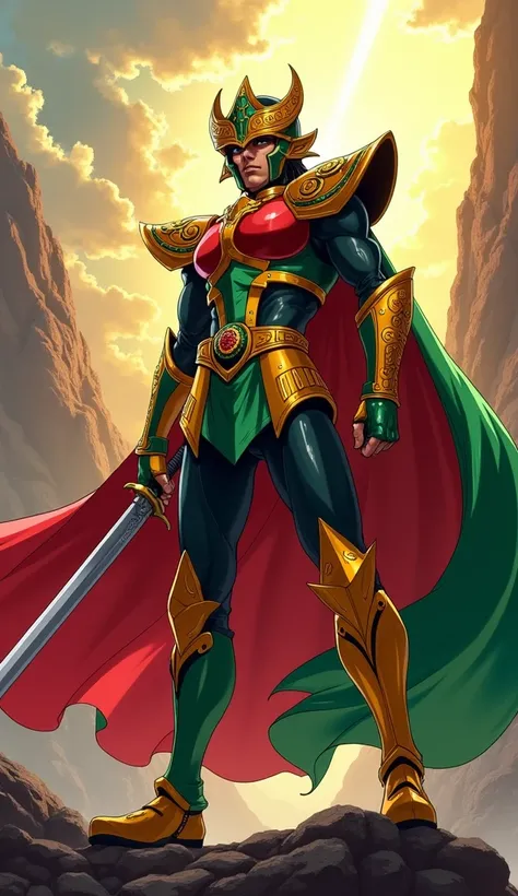 Imagine a character from the Saint Seiya cartoon, with armor and clothes in the colors of the flag and elements inspired by Bolivia. Anime style from the Saint Seiya series.