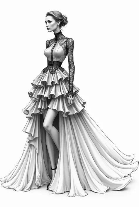  Create a pencil sketch of a womens high fashion dress .  The dress should be multi-layered ,  with wavy and voluminous ruffles ,  creating a dynamic .  The top of the dress is made with high structural collars and long lace sleeves,  texture that add soph...