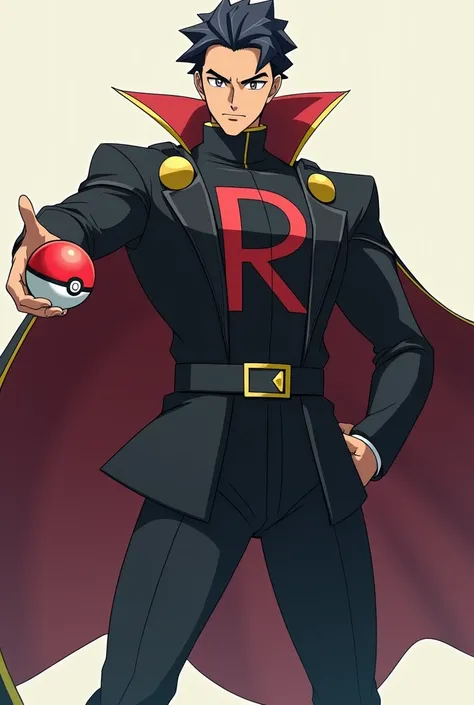 Create the image of a male Pokémon trainer with black hair , wearing black dress clothes with Team Rockets r symbol on the chest and a cape on the back. The trainer is holding a Pokéball with a serious expression on his face . The scene is dynamic, with a ...