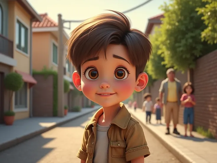 Brown-haired  boy in realistic common places