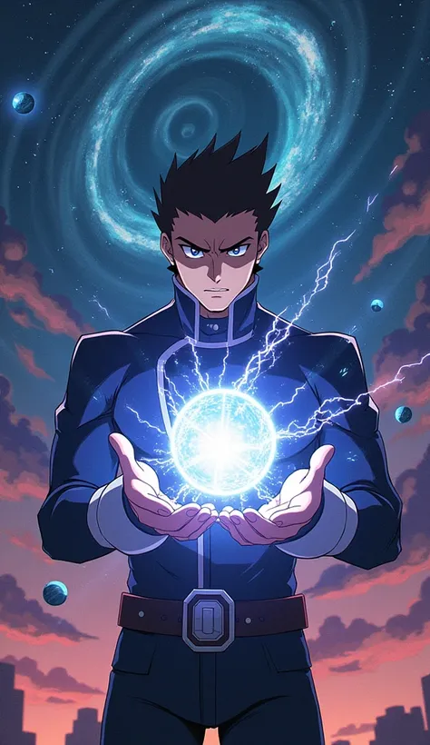  A character looking at the universe with several planets and him holding an energy sphere in his hand about to defeat a villain, This character has to be from an anime 