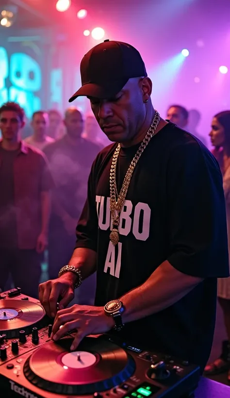 " Ultra-realistic image of actor Vin Diesel acting as a DJ at a hip-hop party ,  seen from a slightly low angle ,  focusing on the intensity of his performance .  He is driving Technics pickups with vinyl records ,  surrounded by vibrant lights and an anim...