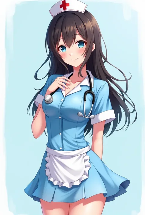  you can make an 18-year-old girl ,  white skin ,  dark brown hair and length up to the waist,  sky blue eyes,  sexy nurse costume that has a skirt ,The light blue suit ,  anime style  