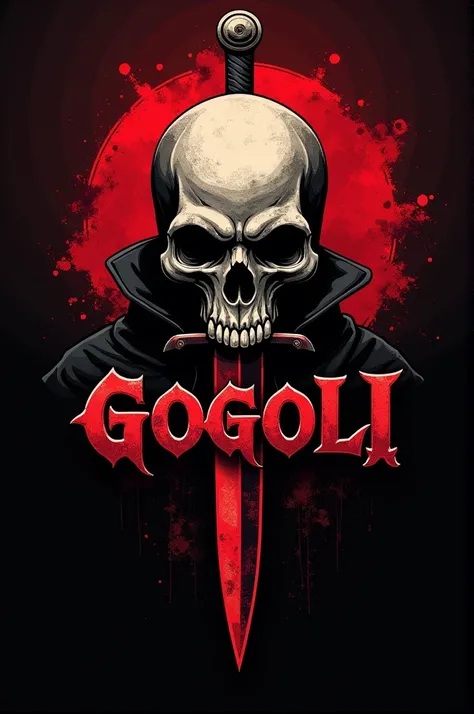 GOGOLI name logo design with skull and weapon touch, with red and black colors 