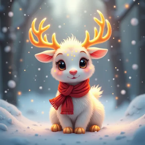 Fantasy realistic style, panoramic view, front view. A cute little reindeer. There are many golden glowing spots on the little reindeers head and body and a pair of golden antlers, which looks very dreamy. Its fur is white and soft, its eyes are big and br...