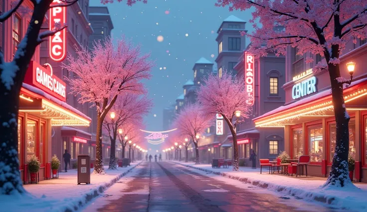 3D rendering style. Snowy city scape is decorated with fairy lights, ornaments, Christmas decorations for Christmas holliday. cherry blossom trees with leaves falling down. Sparkling. Street corner. a few of vehicles. Clear sky. People walking or chatting ...