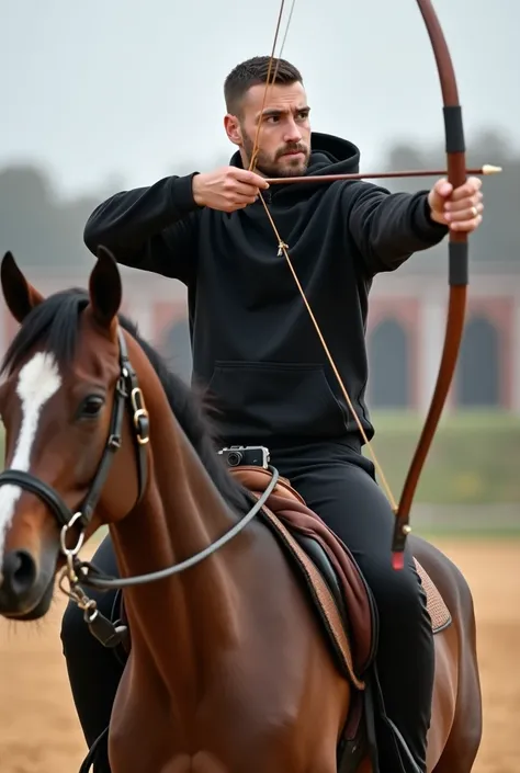 A slightly tanned man with short hair and a long face, wearing a black hoodie, simultaneously performing three tasks at a school: riding a horse, shooting an arrow, and taking photos. The man is multitasking skillfully, with one hand holding a bow and arro...