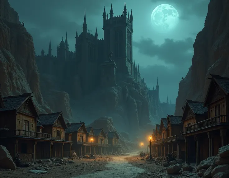 A Gothic style Fortress ,  built inside a Canion .  with many houses surrounding the outside of the walls,  1920s style wooden houses . decaying city, details, desert night scene .  Dark Fortress inside an abyss .