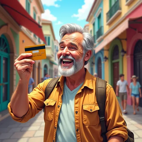 a very happy tourist looking at his credit card