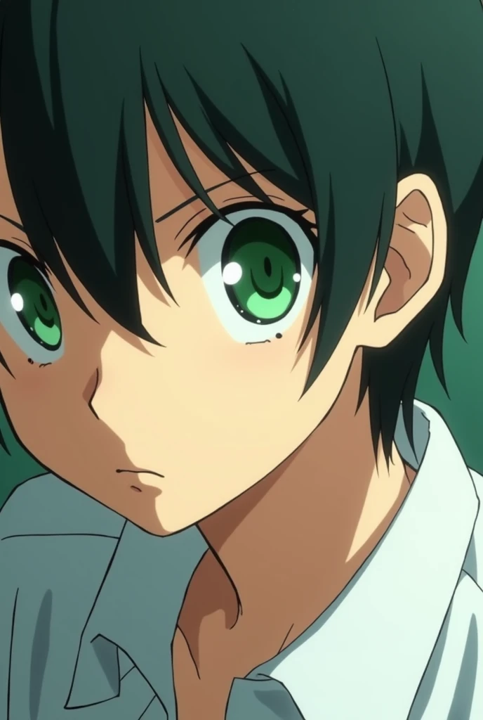 a close up of a person with a green eye and a white shirt, todays featured anime still, official anime still, it has a piercing gaze, alicization, ( ( ( anime ) ) ), kentaro miura manga art style, shuushuu anime image, manga style of kentaro miura, kentaro...