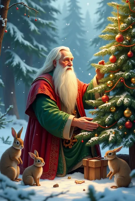 An elderly Caucasian man with a long white beard and wearing a red and green robe decorating a Christmas tree surrounded by woodland animals like rabbits and birds in a snowy forest setting

Автор: Dayana Dayana 

#нейросеть #dalle #dalle@neuroimages