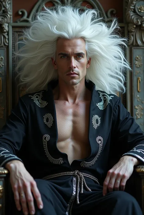  a man, portraits,  big, messy hair ,  shiny pure white hair ,  hair with silver reflections ,  long hair,  appearance of a divine being ,  feeling of emptiness ,  black eyes,  Iris like the Abyss ,  pupils like diamonds ,  Glitter in the eyes,  concentric...