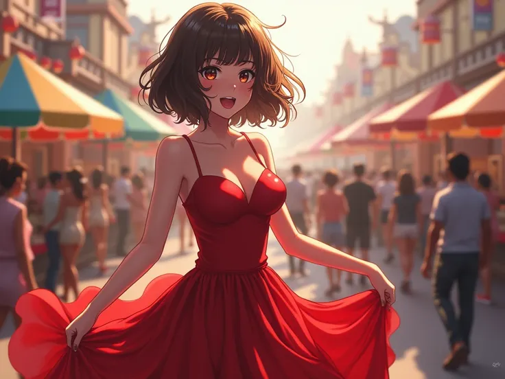  better quality, 1 girl, (Bleeding), (huge breast:1.2), ( blurry background :0.6),  In a crowded amusement park, (Casual yet elegant, elegant screen,fLoral dress:1.5 ), gorgeous, ( short hair:1.5),  soft lighting , wind, (front light:1.5),  surprised , 