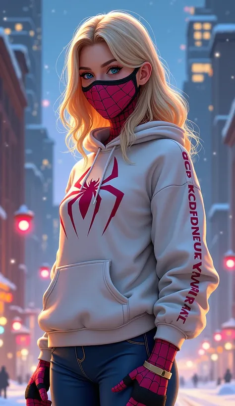 Spider Gwen Stacy in a white sweatshirt and Jordan 4s, masterpiece, illustration, with the name "KIMBERLY", Best quality, High details, High quality, Very detailed, Christmas city, 3D