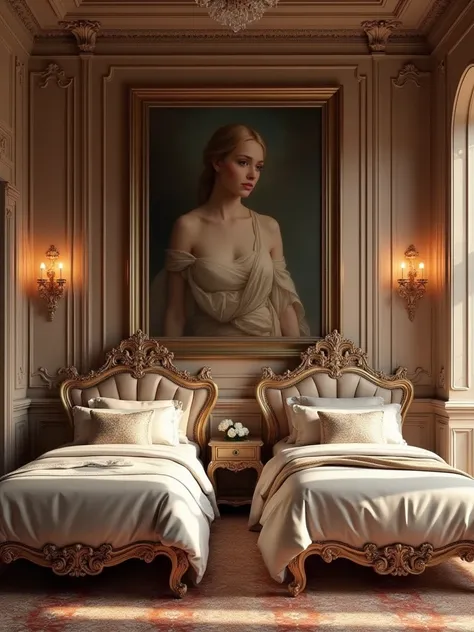 Two beautiful beds with a painting in a luxurious room