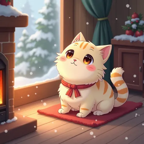 cute anime cat, cozy background with chimney, snowy window