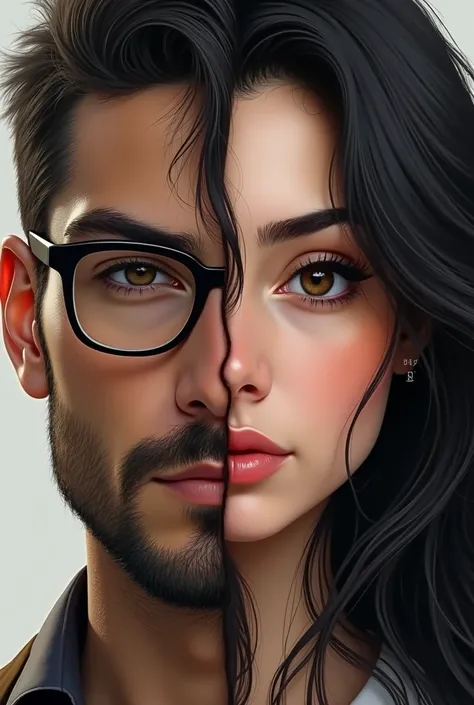 Create image 18 years old black haired girl with brown eyes small nose with thin eyebrows and brown hair male turks with brown eyes with thick eyebrow glasses