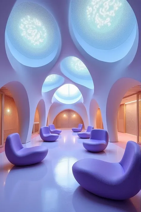 Sketch Inspiration: "Uniqueness" (purple abstract) and "Calmness" (blue bubble pattern).
Implementation:
Seating Pods: Organic-shaped pods reflecting the purple abstract curves.
Ceiling Domes: Blue circular motifs similar to "Calmness" for a peaceful ambia...