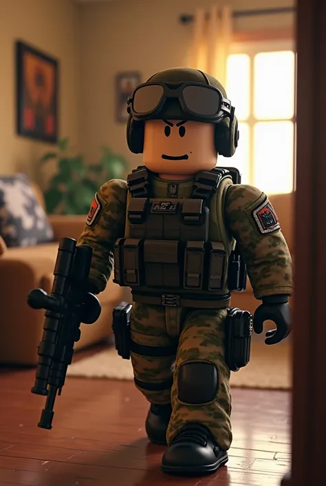 make a roblox military guy serius inside a house in a mission  with a logo name in the back saying "Operation Division"