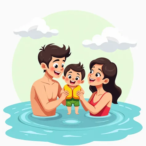 Im seeking a creative designer who can illustrate a logo Elements:
Characters:

A father, mother, and young  enjoying time in a pool or body of water.
The father is playfully lifting the , who is wearing yellow floaties and green swim trunks.
The mother is...