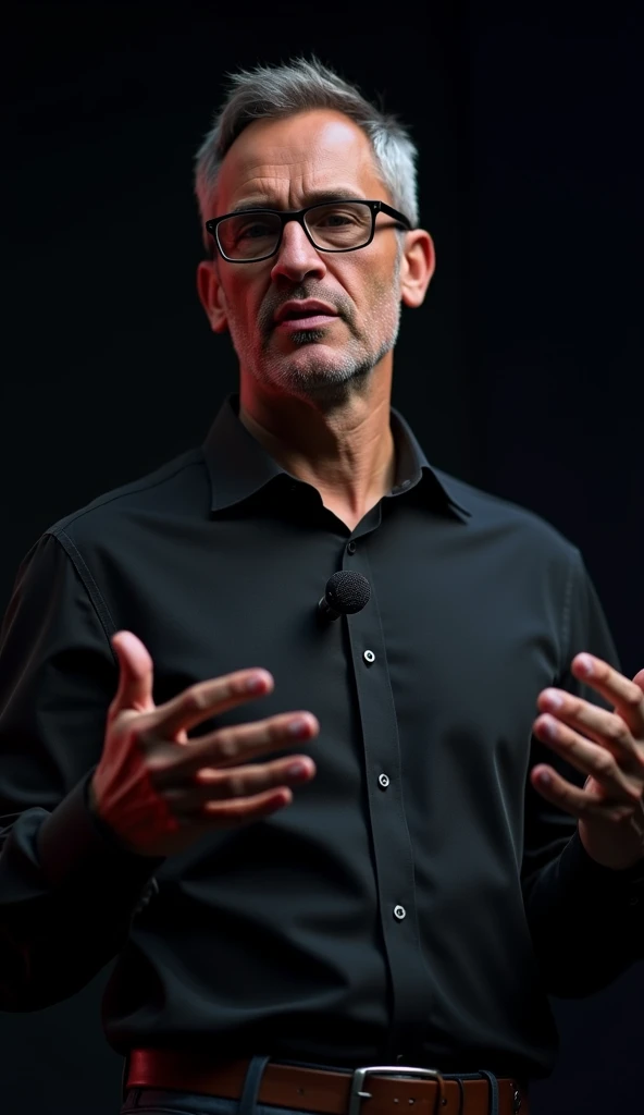  It generates an image of a man aged about 30 to 40 years,  wearing black-framed glasses , a black dress shirt with a microphone on it .  The background of the image is relatively black and dark 