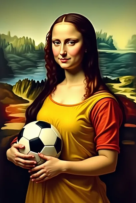 I would like to create the painting of the Mona Lisa in a yellow and red t-shirt with a soccer ball
