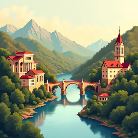  Create an artistic representation of Germany and Bosnia and Herzegovina ,  that come together to symbolically represent their cultures and landscapes .  Show Germanys modern architecture and iconic landmarks ,  like the Brandenburg Gate ,  along with Bosn...