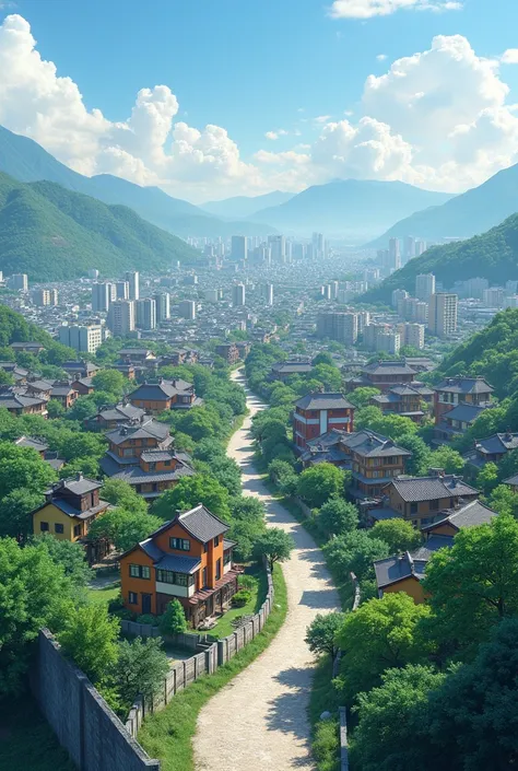 A big city has 30 houses, 1 garden, 5 shops, 2 restaurants, 2 quests, and everything there must be Korean. The picture must embody Korean culture and lifestyle. The picture must depict everything I said, and there must be only nature in front of the city. ...