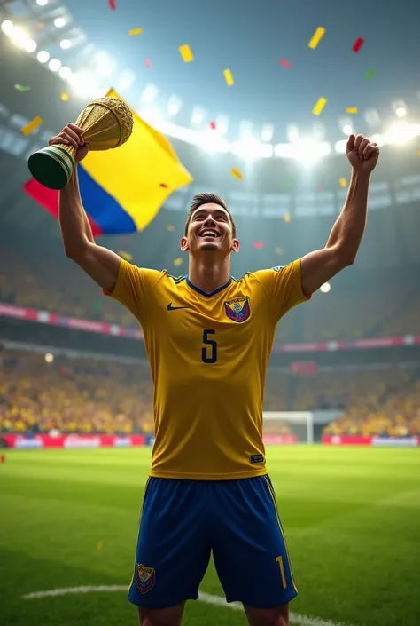 Make an image of James Rodriguez Rising the soccer world cup with Colombia 
