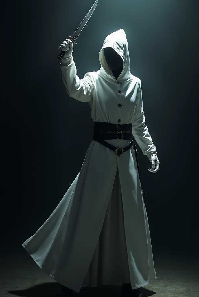 Assassin with Arm and Hand raised in the air with white sleeves and white gloves wearing white robes holding a knife in the dark,  in profile, sideways.