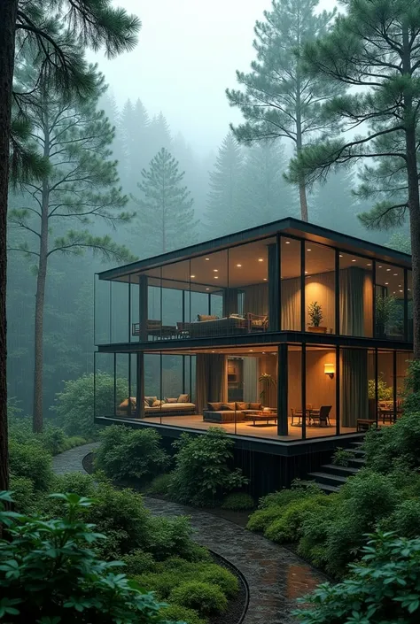 The interior of a futuristic house ,  with glass parts that give access to a green and dense forest, on a rainy day