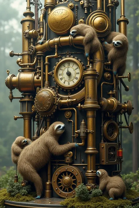 Steampunk design an elaborate machine and a family of sloths that lives in the gears