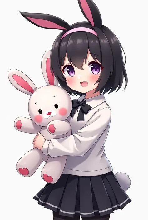 Create a white-skinned anime girl,  smiley face with big dark purple eyes ,  short black hair with a heart-shaped tuft ,  Pastel pink headbands ,  Very small black rabbit ears with pastel pink ,  A white long-sleeved top with a black ribbon around the neck...