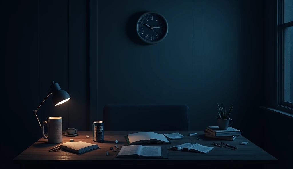 Thank you for the clarification! Here’s the revised prompt:

"Create a dark and intense indoor background for a Stay Up All Night Challenge thumbnail. The scene should depict the interior of a room, with dim lighting that suggests the late hours of the nig...