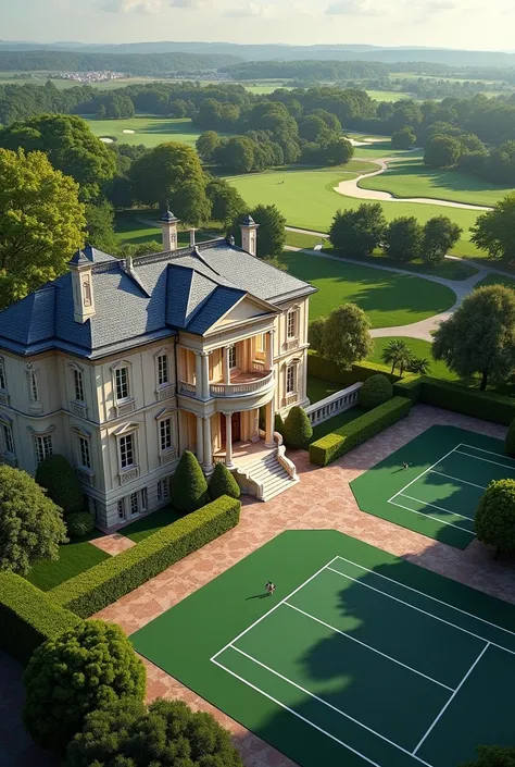 Old Money house with a large golf course and a tennis court