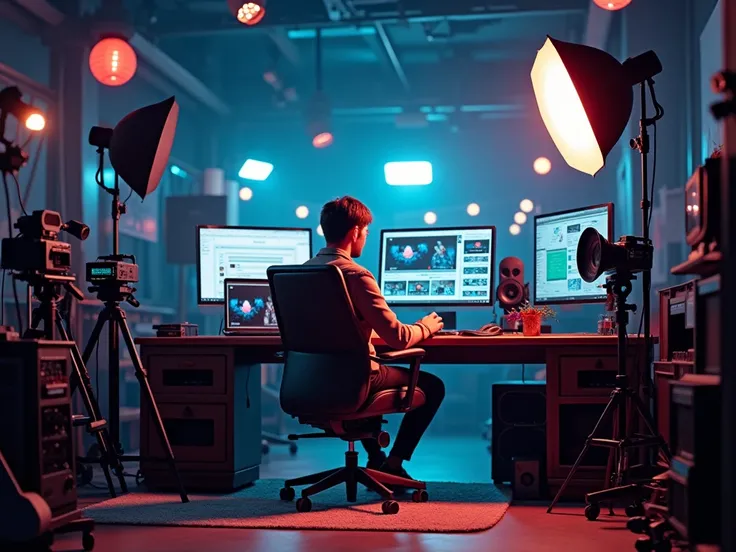 Seated in his YouTube Studio Surrounded by high-tech for youtube promotion background