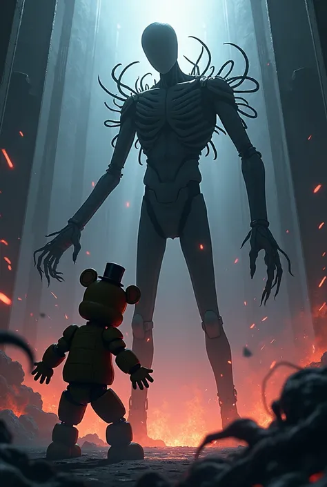  anime style ,  an epic scene of Freddy Fazbear fighting the Creepypasta character Slenderman, with impressive effects worthy of a quality anime 