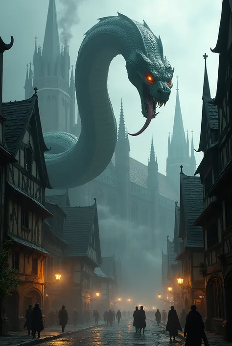 create a snake-headed demon in the middle of the medieval city