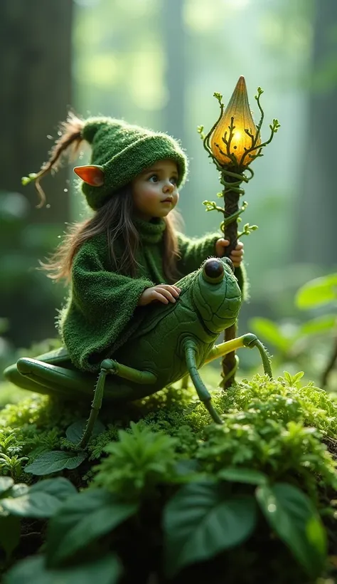 Macro photograph of a tiny forest druid dressed in mossy robes, riding a green grasshopper. The druid holds a glowing staff entwined with vines, and the grasshopper is perched on a fern leaf. The ambient lighting is cool and soft, with sunlight piercing th...